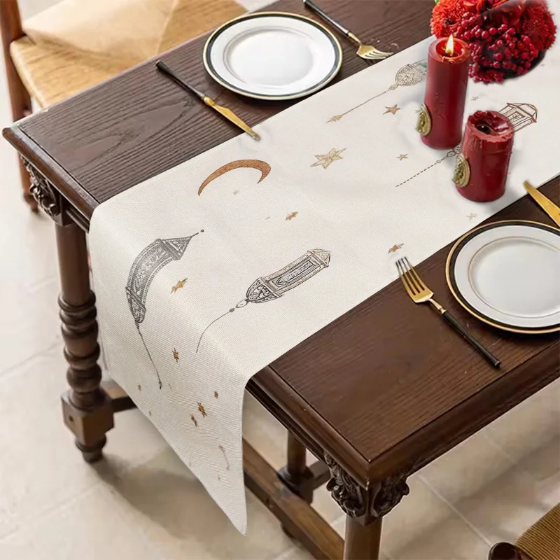 

Eid Mubarak Polyester Table Runner Ramadan Kareem Lantern Moon Star Pattern Tablecloth Gift Islamic Muslim Party Home Decoration
