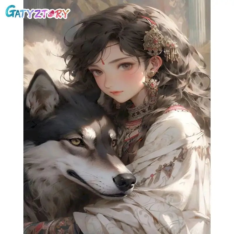 

GATYZTORY Diy Painting By Numbers Kit Frame Girl and Wolf Picture Coloring By Numbers For Adults Handicrafts Home Decor