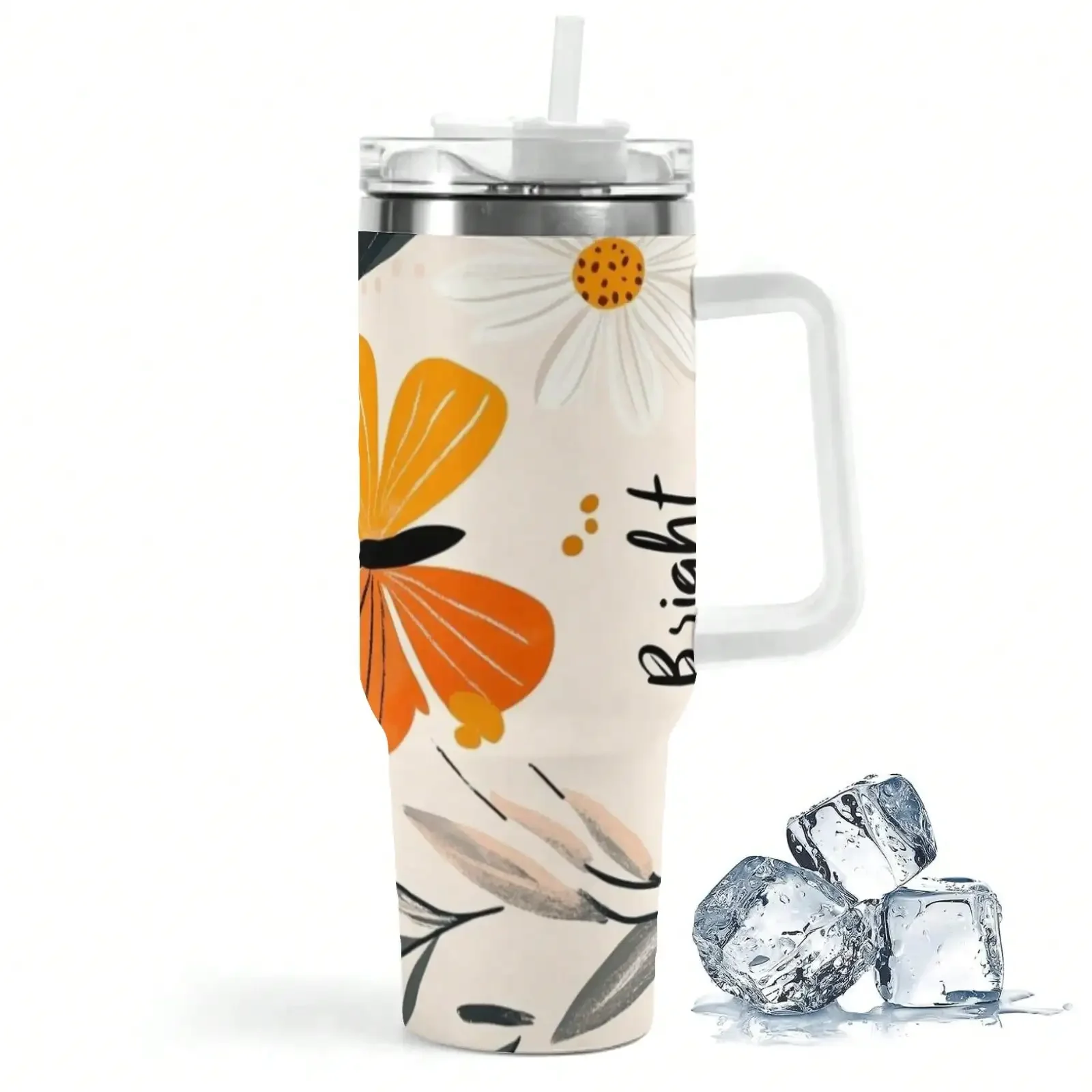 40oz Bright Word Butterfly Daisy Floral Print Insulated Stainless Steel Travel Tumbler With White Handle Straw Lid Large Thermal Water Cup For Women Office Car Gift