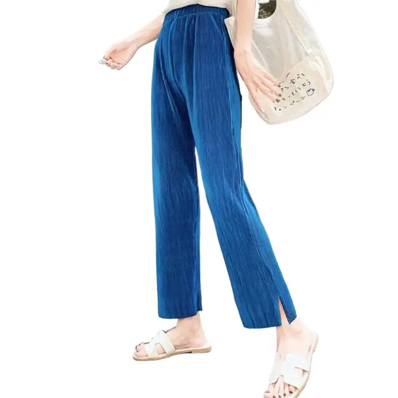 Brand Loose Pleated Ankle-Length Pants Women D Streetwear Ice Silk Pants Korean Slit Trousers pantalones mujer sweat pants