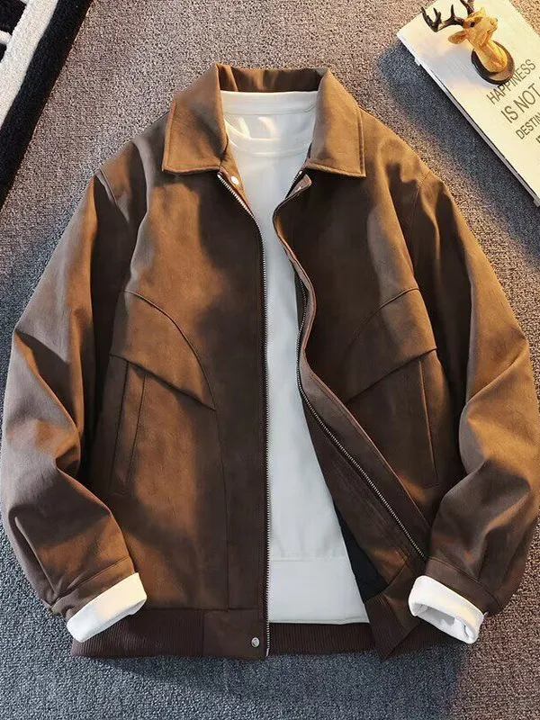 

Fall Winter 2025 New Sle American Retro Leather Jaet Men's Youth Haome PU Collar Jaet Windproof Stand Fit Pure Color