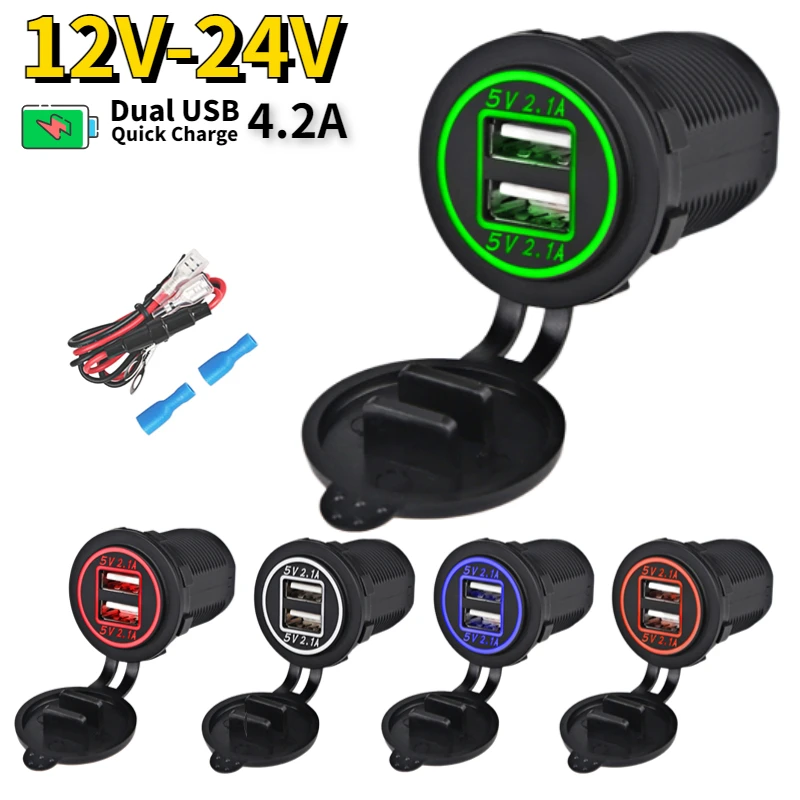 12V-24V USB Outlet Waterproof Charger Socket USB Charging Port for Car Marine Boat 4.2A Dual USB Car Cigarette Lighter Socket