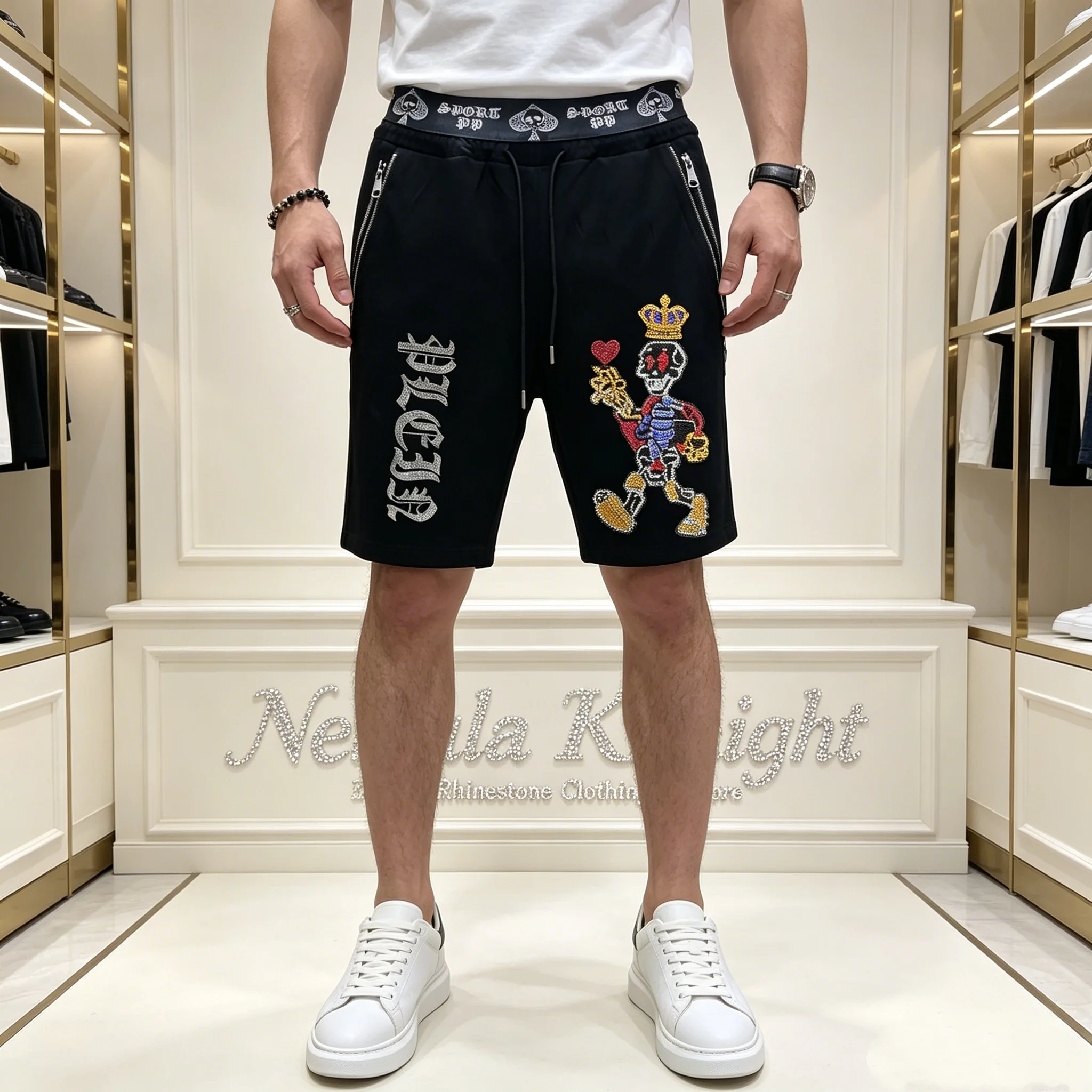 

Hip Hop Loose Men Rhinestone Sports Shorts Drawstring Waist Zipper Pocket Summer Vacation Running Beach Shorts