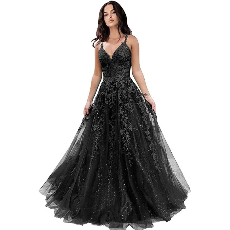 

2025 New Women's Summer V-neck Sexy Chiffon Ball Dress, Fashionable and Sexy Lace Decal Long Thin Shoulder Strap Dress