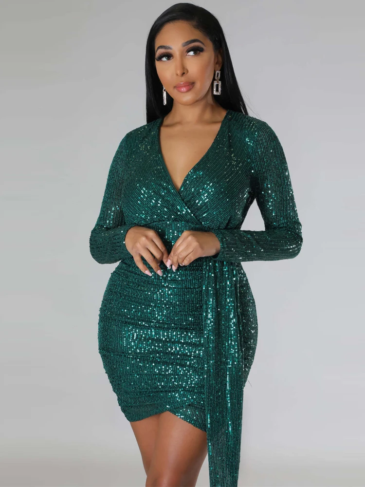 

Women's Long Sleeved Decorative V-neck Sequin Mermaid Bodycon Maxi Short Skirt Evening Sexy Party Club Dance Fashion Dress