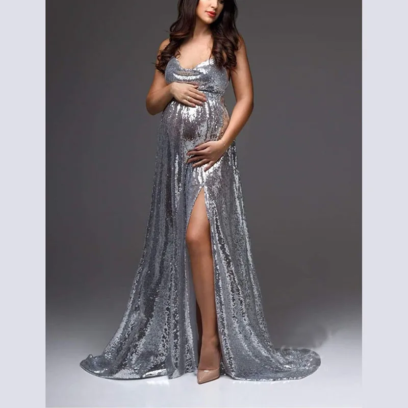 

Pregnancy Photography Dress Sexy Spaghetti Strap Sequined Backless Party Dress Maternity Maxi Gowns Split Dresses for PhotoShoot