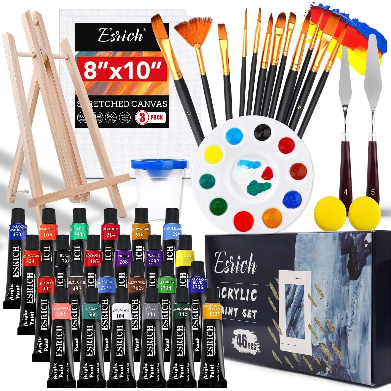 

46 Piece Acrylic Paint Set for Adults and Kids with Brushes, Easel, Canvases, Palette, and Art Sponges for Beginners