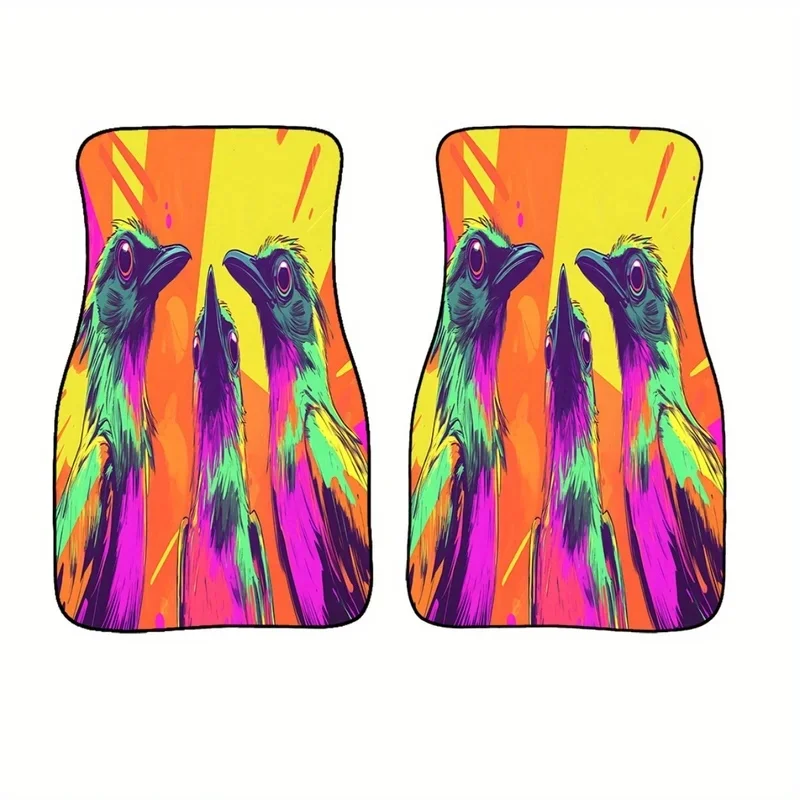 A Vibrant Comic-Style Car Mat Featuring Three Birds, Designed For Floor Protection And Decoration. Suitable For Various Vehicle
