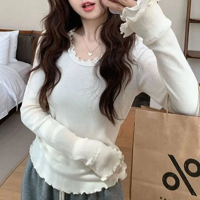 Black White Ribbed Long Sleeve T-shirts Women Scalloped Edge Square Neck Long Sleeve Flared Cuff Slim Stretch Casual Pullovers