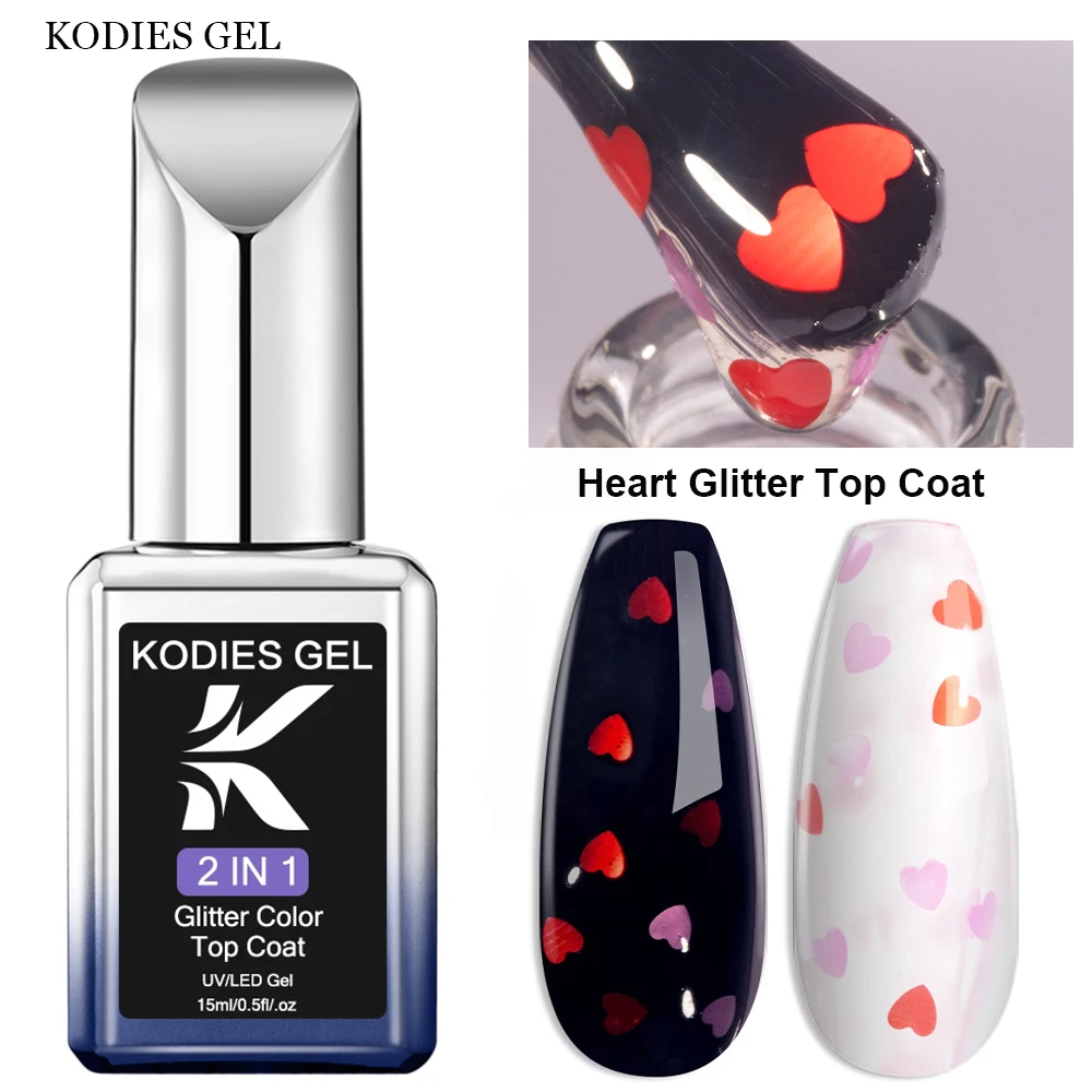 

Гель KODIES с блестками в форме сердца, верхнее покрытие для ногтей, Гель-лак для ногтей на День святого Валентина, маникюр, искусство ногтей, УФ/искусство, прозрачный розовый дизайн ногтей