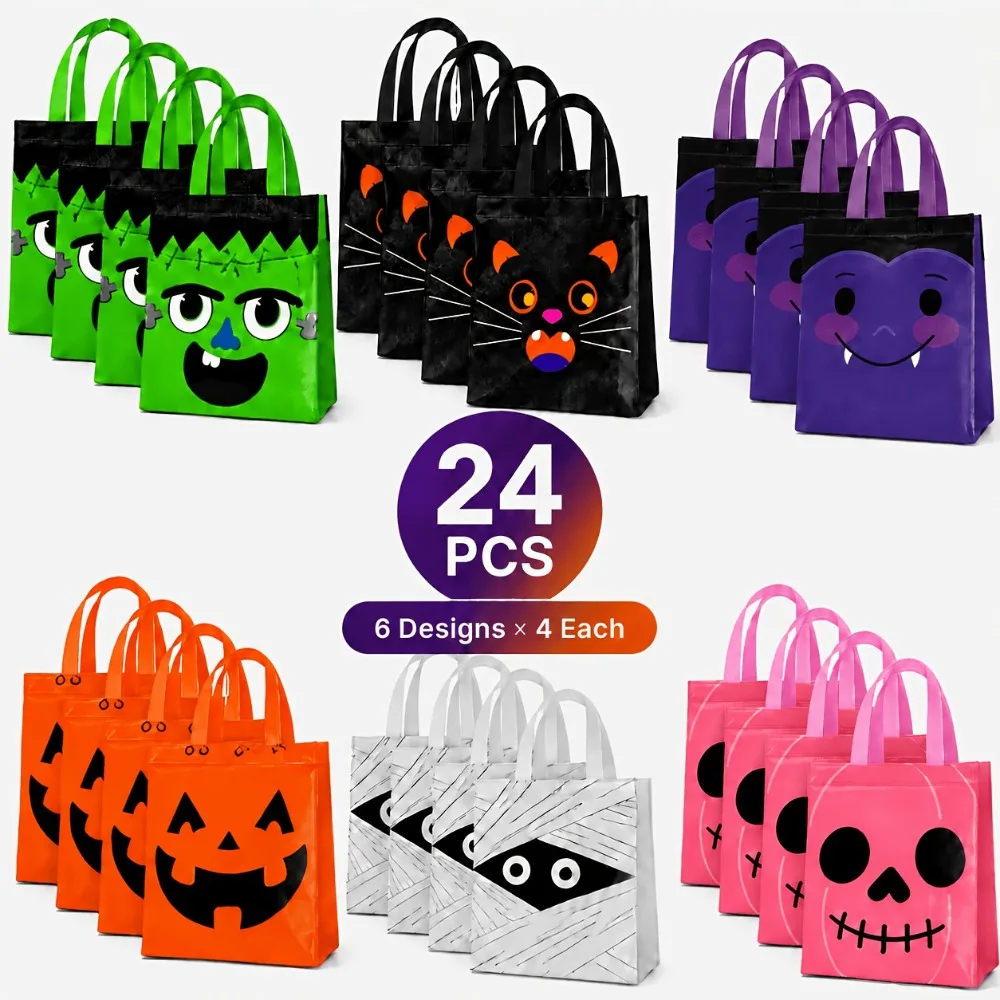 24 Stück wiederverwendbare Halloween-Süßigkeitentüten aus Vliesstoff, 6 Cartoon-Monster-Designs mit Griffen, Geschenktüten für Süßes oder Saures Partys – Detail 2
