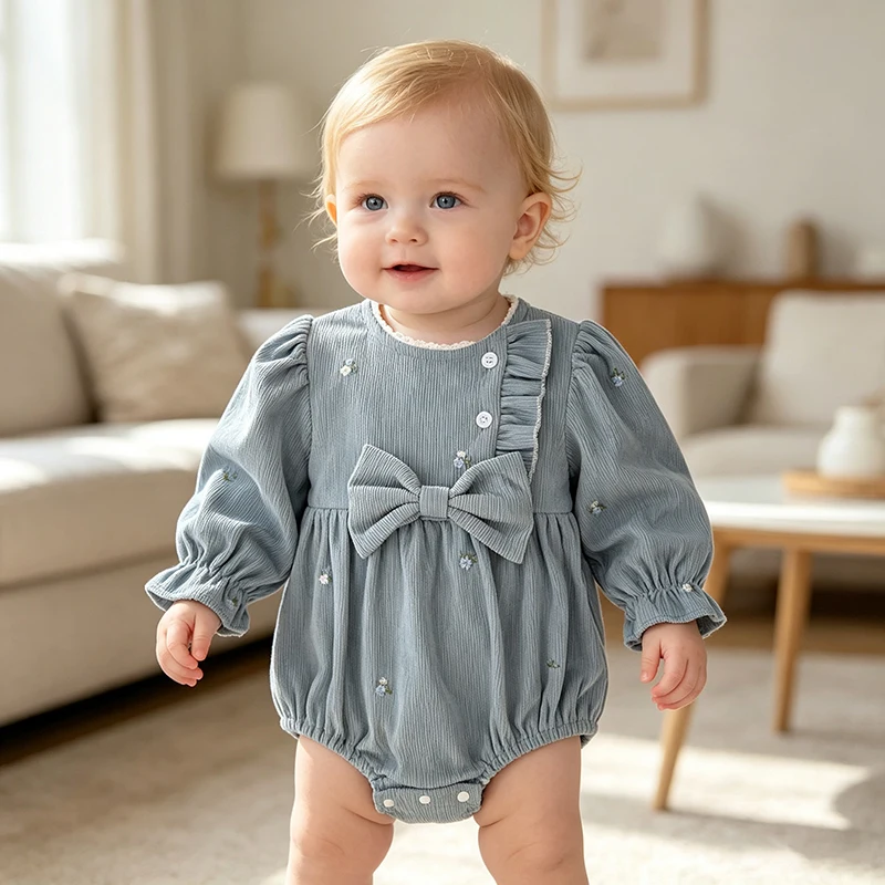 Baby Girl Corduroy Romper Long Sleeve Floral Embroidery Big Bow Ruffle Trim Newborn Infant Bodysuit Autumn Baby Clothes 0-24M