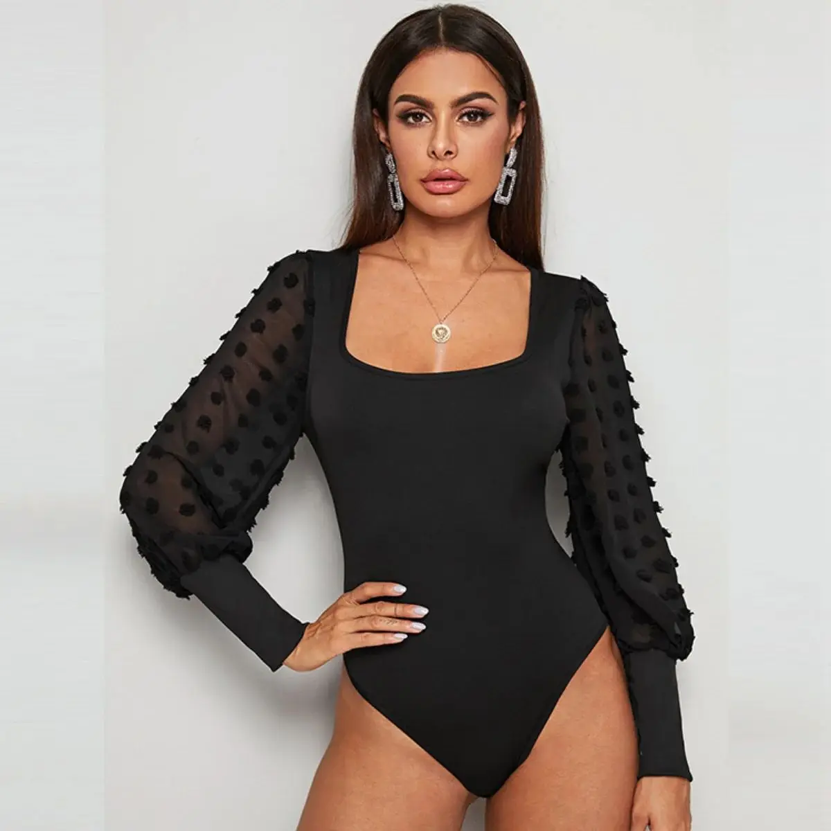 Fashion Elegant Square Neck Bodysuits Autumn Women Sexy Jumpsuits Winter Nightclub Slim Fit One Pieces Puff Long Sleeves Onesies