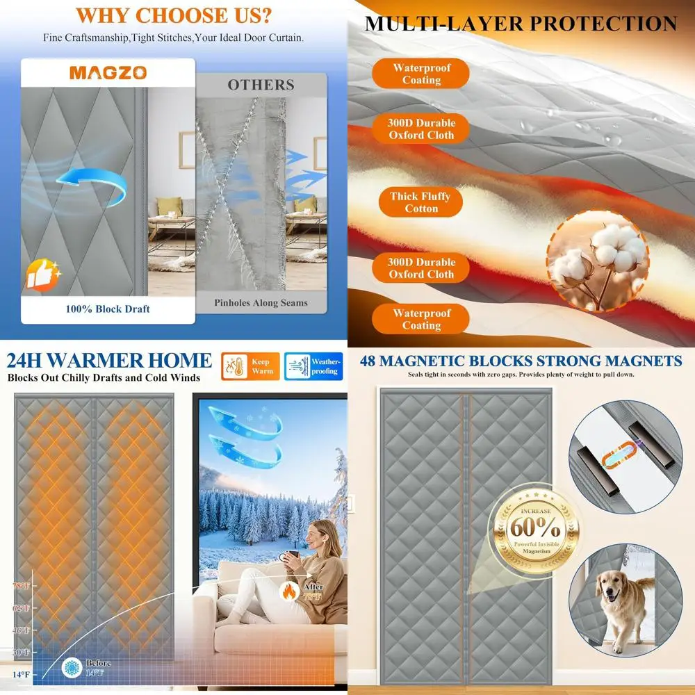 

Thick Cotton-Filled Magnetic Insulated Door Curtain, 38x82, Grey, Weatherproof for Winter, Extra-Wide Entry