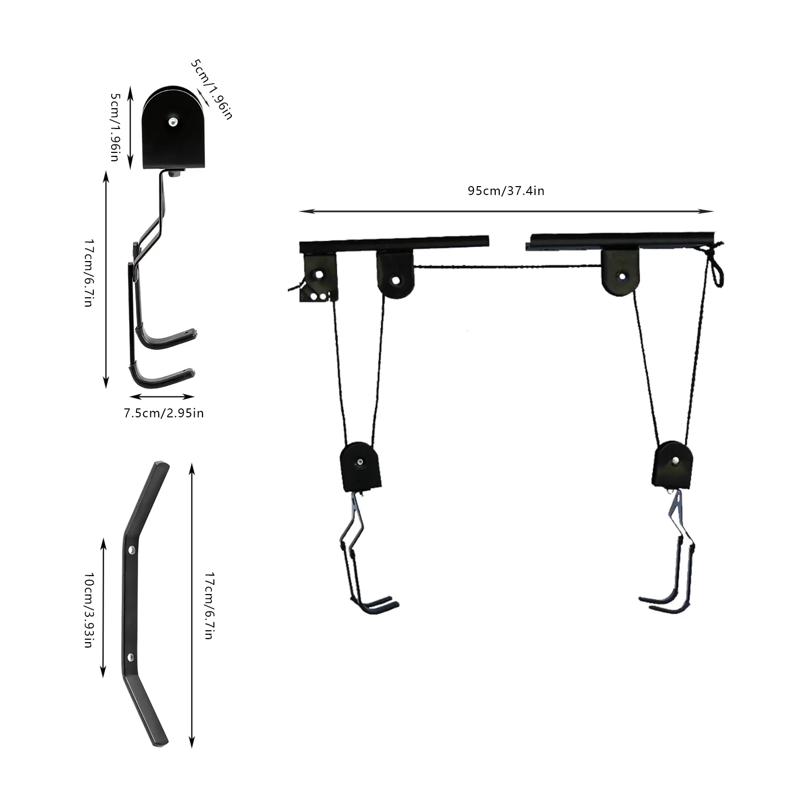 

Bicycle Bike Lift Hoist Heavy Duty Ceiling Storage Hanger Pulley Rack Garage 60kg Load Bearing Black with Hooks