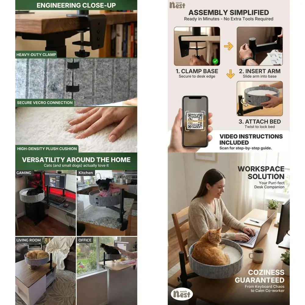 

Adjustable Height 360° Swivel Cat Desk Bed, 60lb, Washable Felt Bed Liner