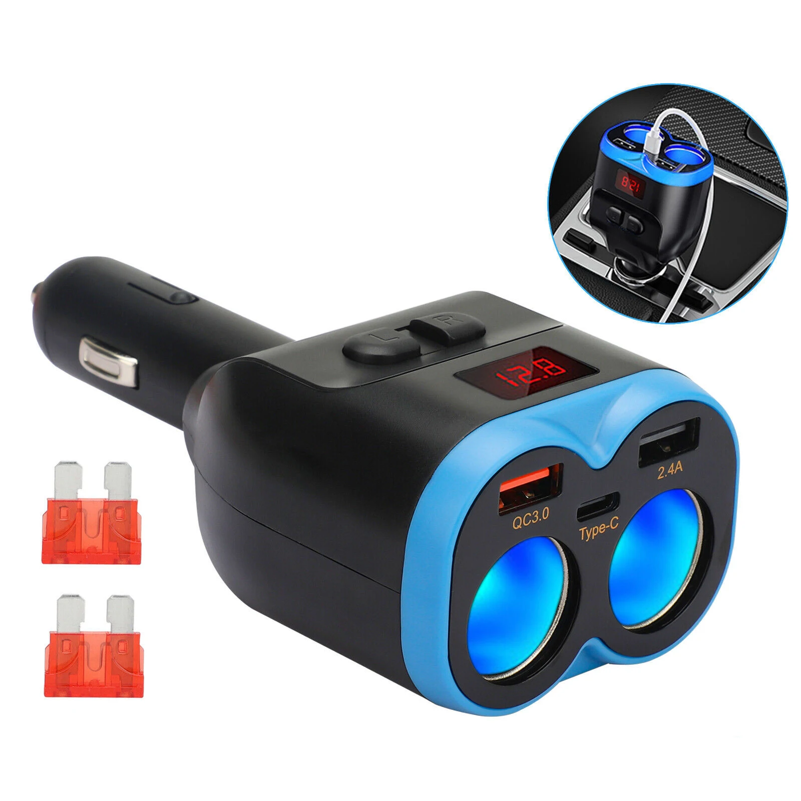 Car Charger Power Adapter PD 20W Fast Charging Dual USB Type C Car Phone Charger LCD Cigarette Lighter Socket Splitter DC 12/24V