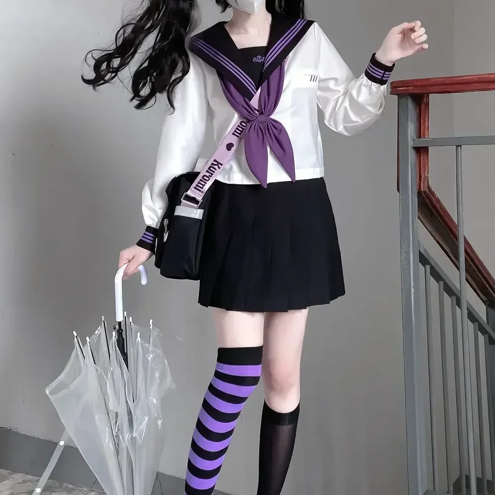 High School Girl Uniform Japanese Seifuku Sailor Suit Purple Tie Korean Student Kawaii JK Uniform Cosplay Black Leated Skirt