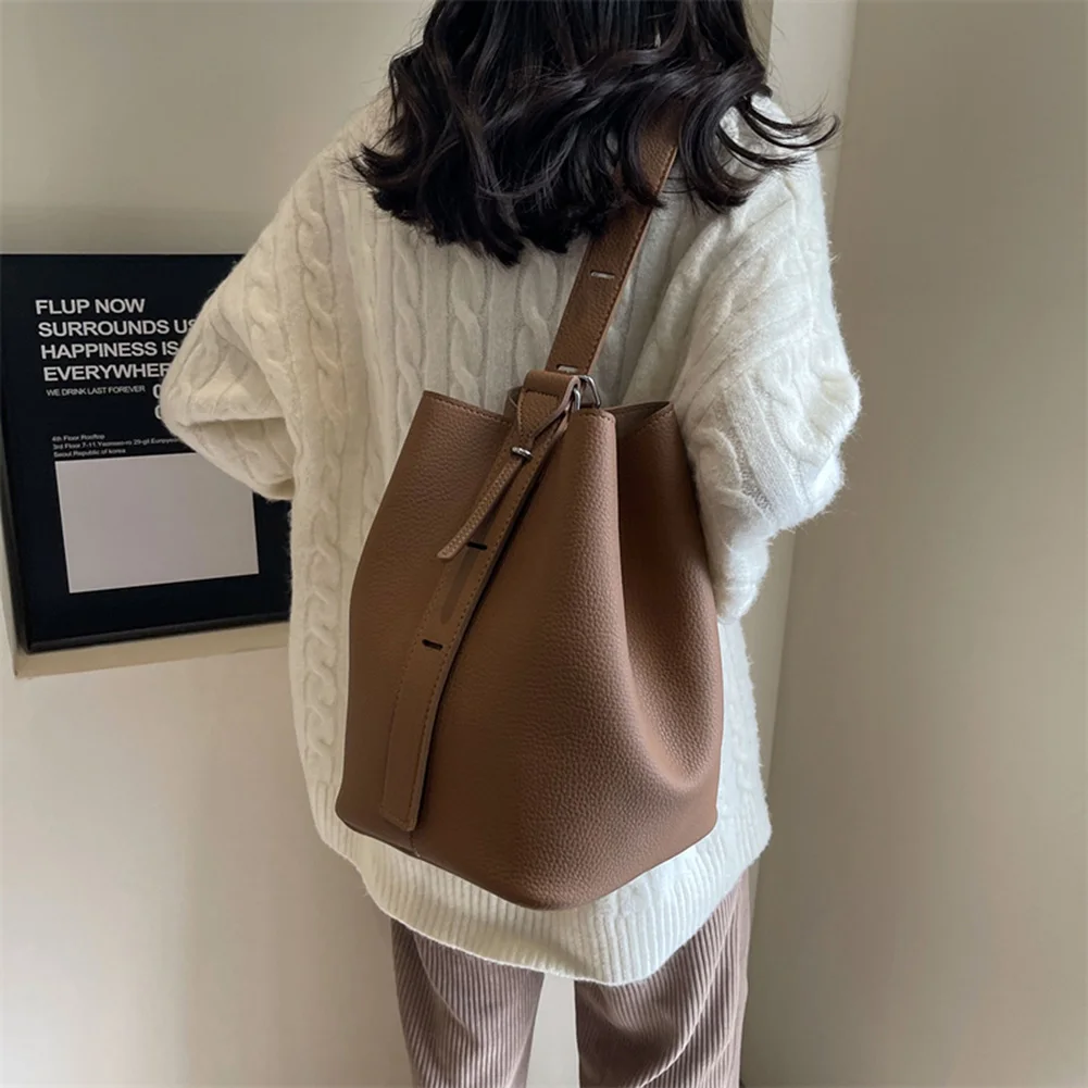 Women Casual Tote Handbag Large Capacity Leisure Bucket Bag Adjustable Strap Solid Color Simple Bag with Matching Clutch Set