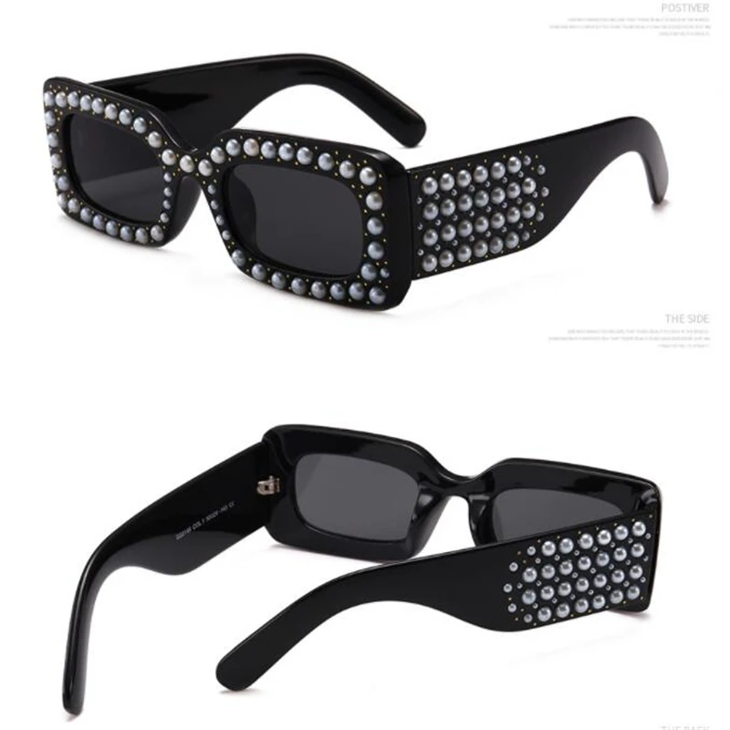 KAPELUS Square pearl rhinestone sunglasses for women Fashion glasses Black visor