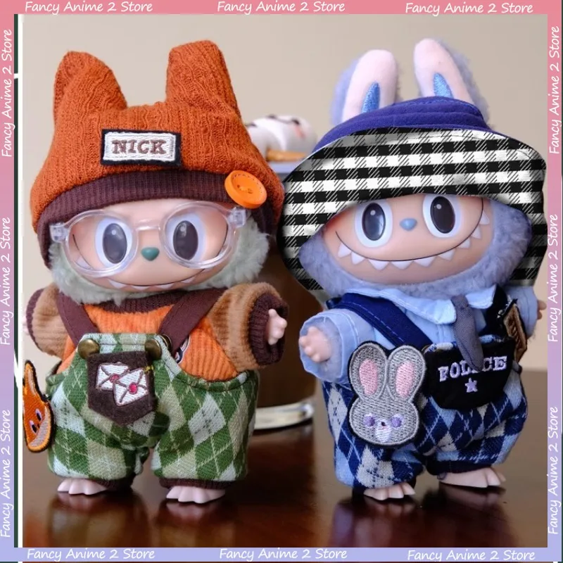 

Cute Cartoon Judy Nick Jumpsuits Outfit for 17cm Labubu Trending Plush Dolls Cosplay Clothes with Hat Fashion Dolls Accessories