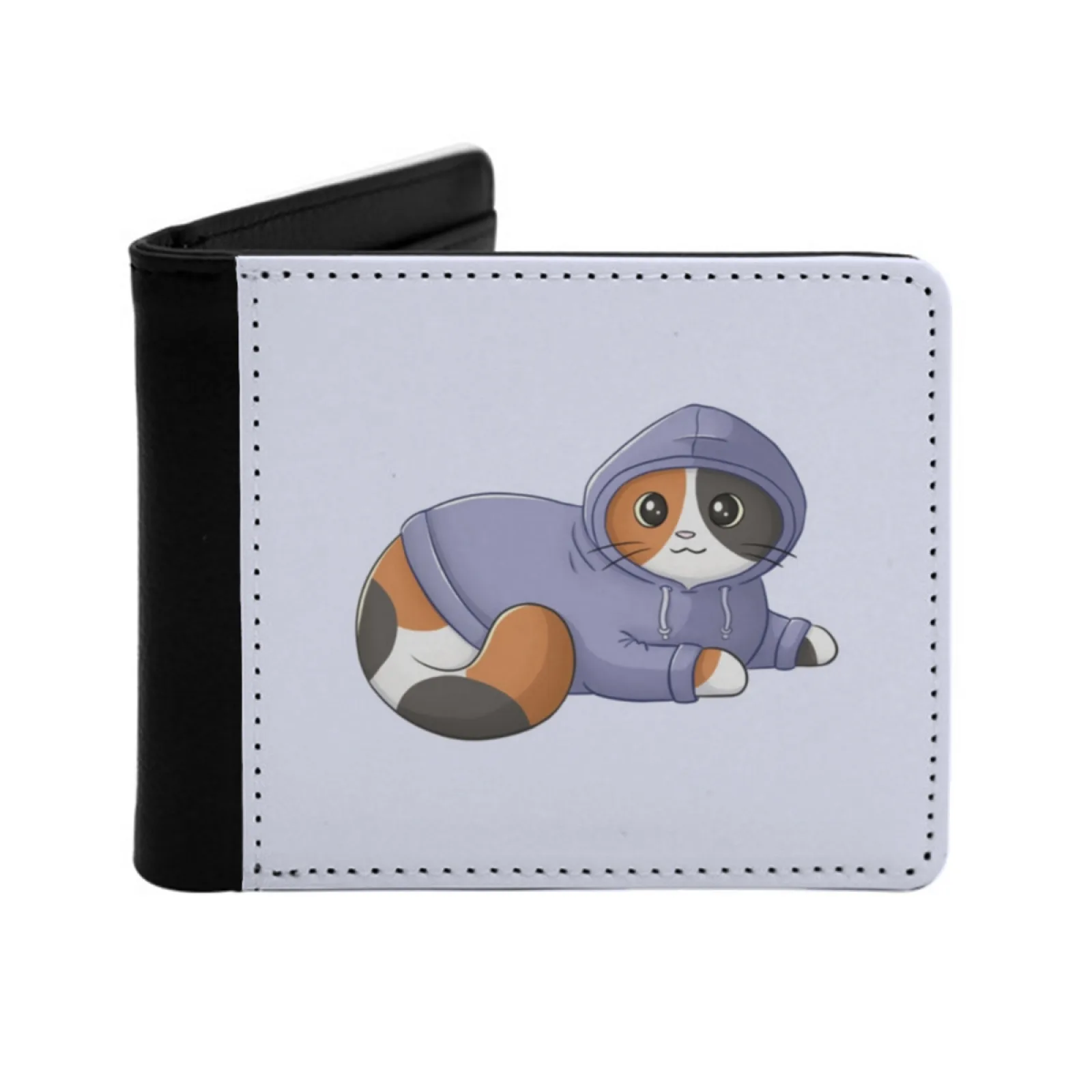 Calico Cat In Purple Hoodie Personalized Men's Leather Wallet Credit Card Pouch Purse Cat Calico Cute Purple Kitten Cat In Pet