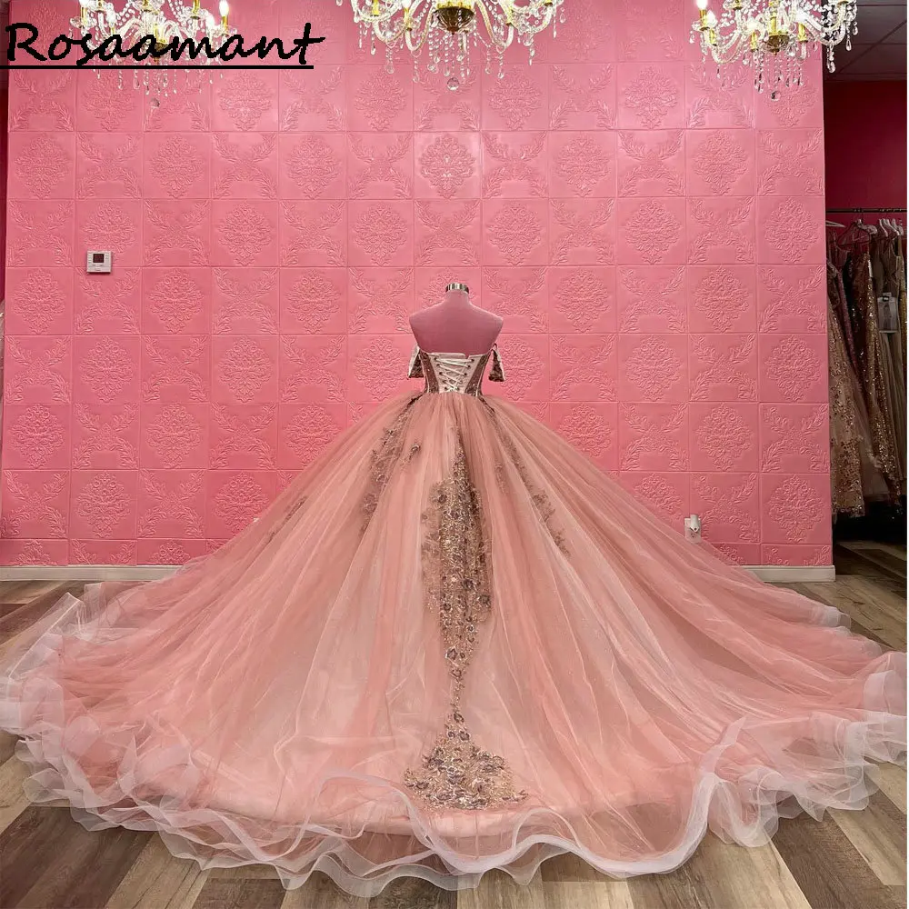 Pink Illusion Crystal Beading Ball Gown Quinceanera Dresses Off The Shoulder Gold Appliques Lace Corset Vestidos De 15 Años