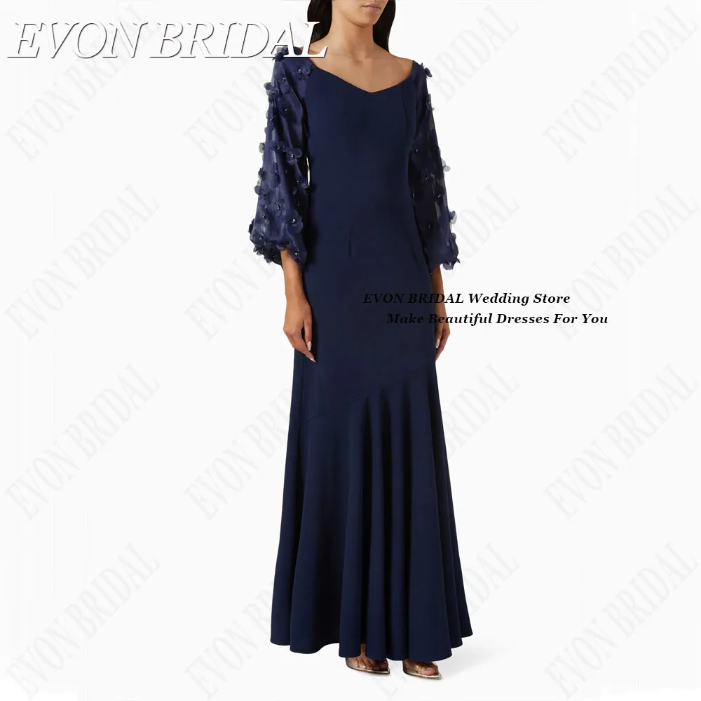 

EVON BRIDAL Flowers Celebrity Dresses V-Neck Satin Mermaid Celebrity Red Carpet Dresses Formal Evening Gowns Puff Sleeves