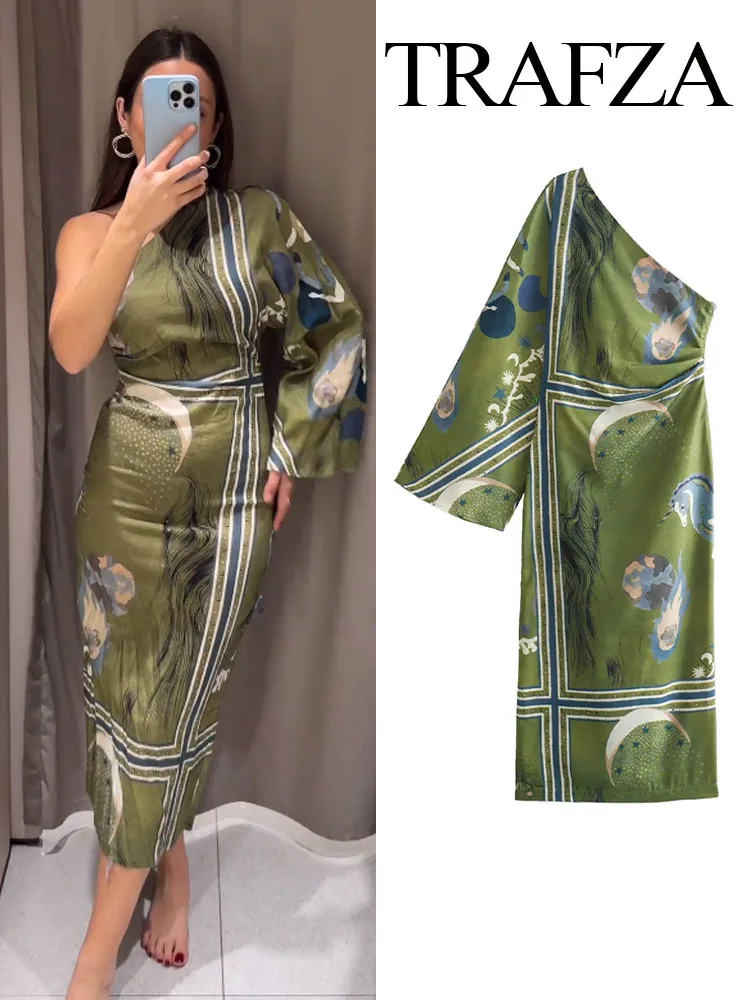 TRAFZA Women Fashion Green Print Midi Dress Female Vintage Chic Folds Asymmetric Sexy Off Shoulder Decorate Slim Party Dresses