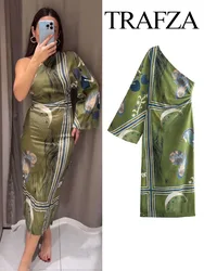 TRAFZA Women Fashion Green Print Midi Dress Female Vintage Chic Folds Asymmetric Sexy Off Shoulder Decorate Slim Party Dresses