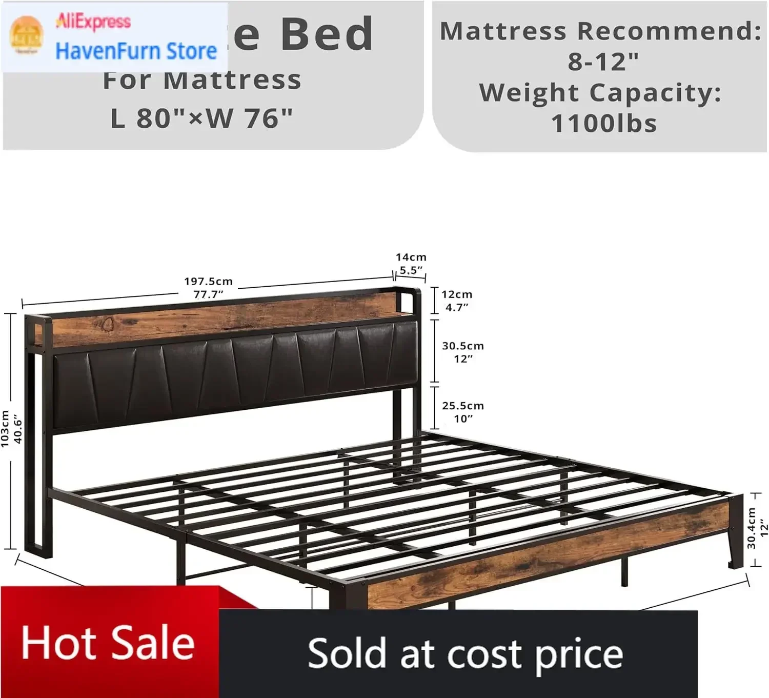 Activity priceKing Bed Frame Storage Headboard Charging Station Solid Stable Quiet No Box Spring Required Simple Assembly