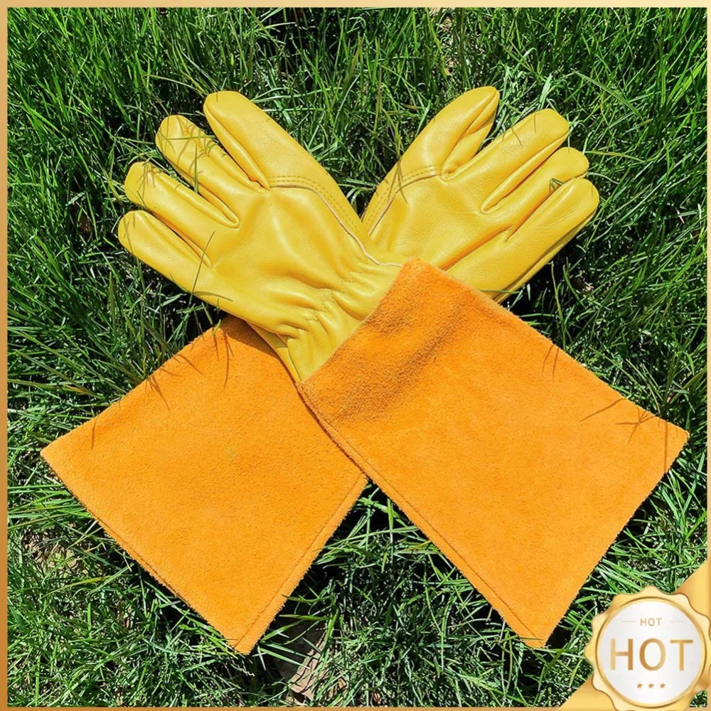 1 Pair Long Thorn Proof Working Mitten Breathable Leather Garden Gloves with Forearm Protection Floral Gauntlet for Women Men