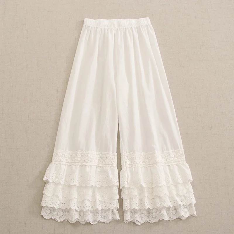 

Spring Sweet Mori Girl Multi-Layer Lace Spliced Wide Leg Pants Women Korean Fashion Elastic Waist White Embroidered Pants