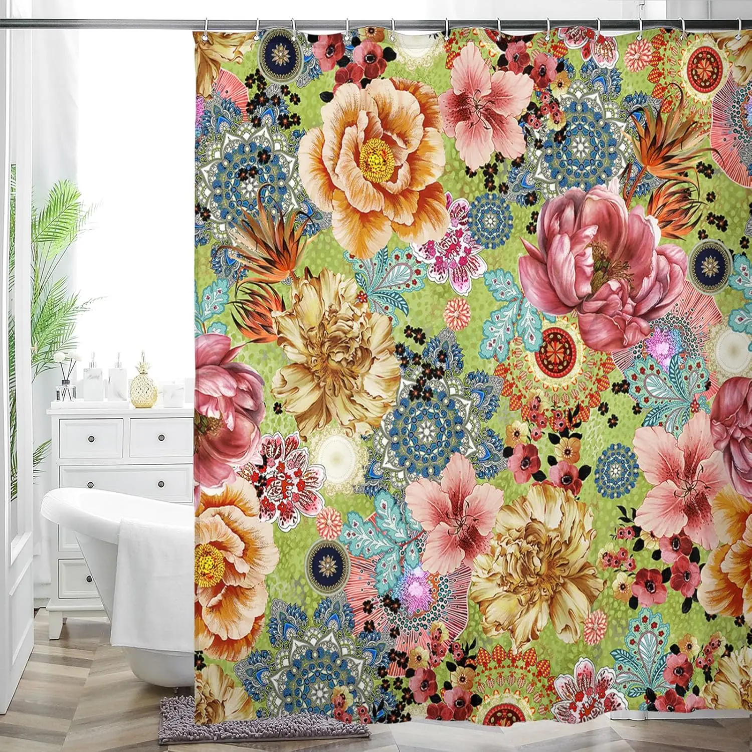 floral shower curtain, artistic black background, multicolor flowers for bathroom decoration, waterproof washable shower curtain