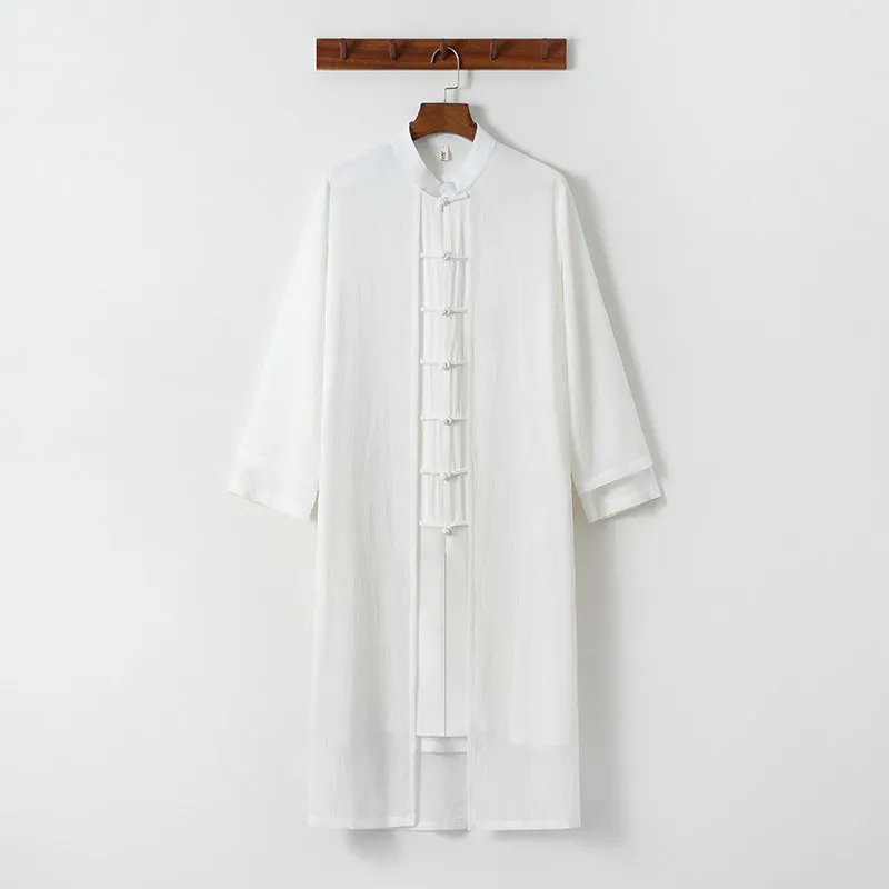 Men Chinese Style Cardigan Zen Tea Meditation Robe Flowy Hanfu Inspired Top Traditional Tang Suit Frog Button Oriental Outerwear