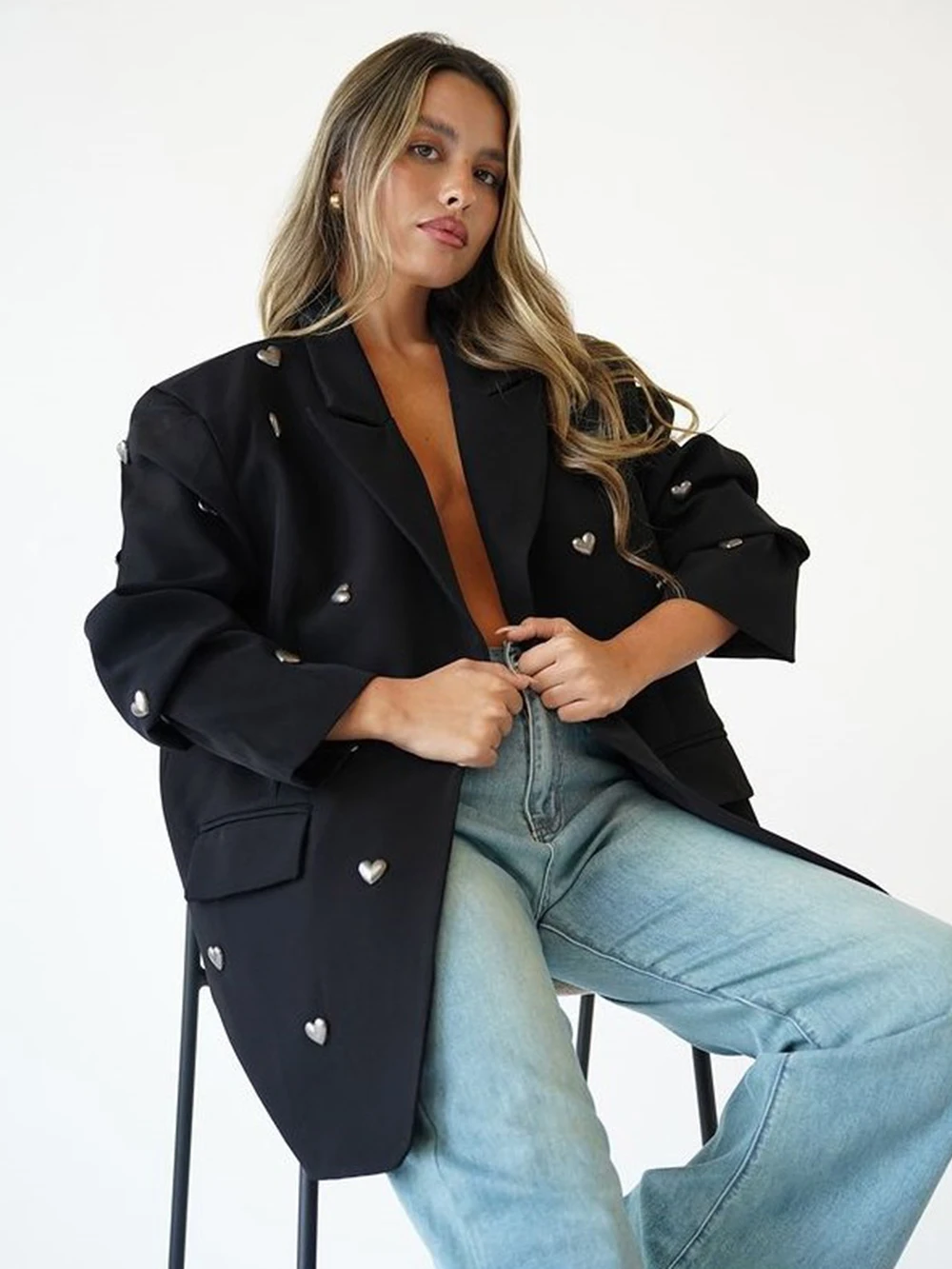 أحدث الخريف سترة نسائية 2025 موضة جديدة القلب الديكور فضفاض مزاجه معطف زر واحد السترة دعوى سترة FemaleПিজাক #4