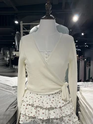 Suéter de punto liso con cordones para mujer, cárdigans cortos de algodón de manga larga con cuello de pico Sexy, abrigo Vintage de otoño, Top corto Beige Y2k