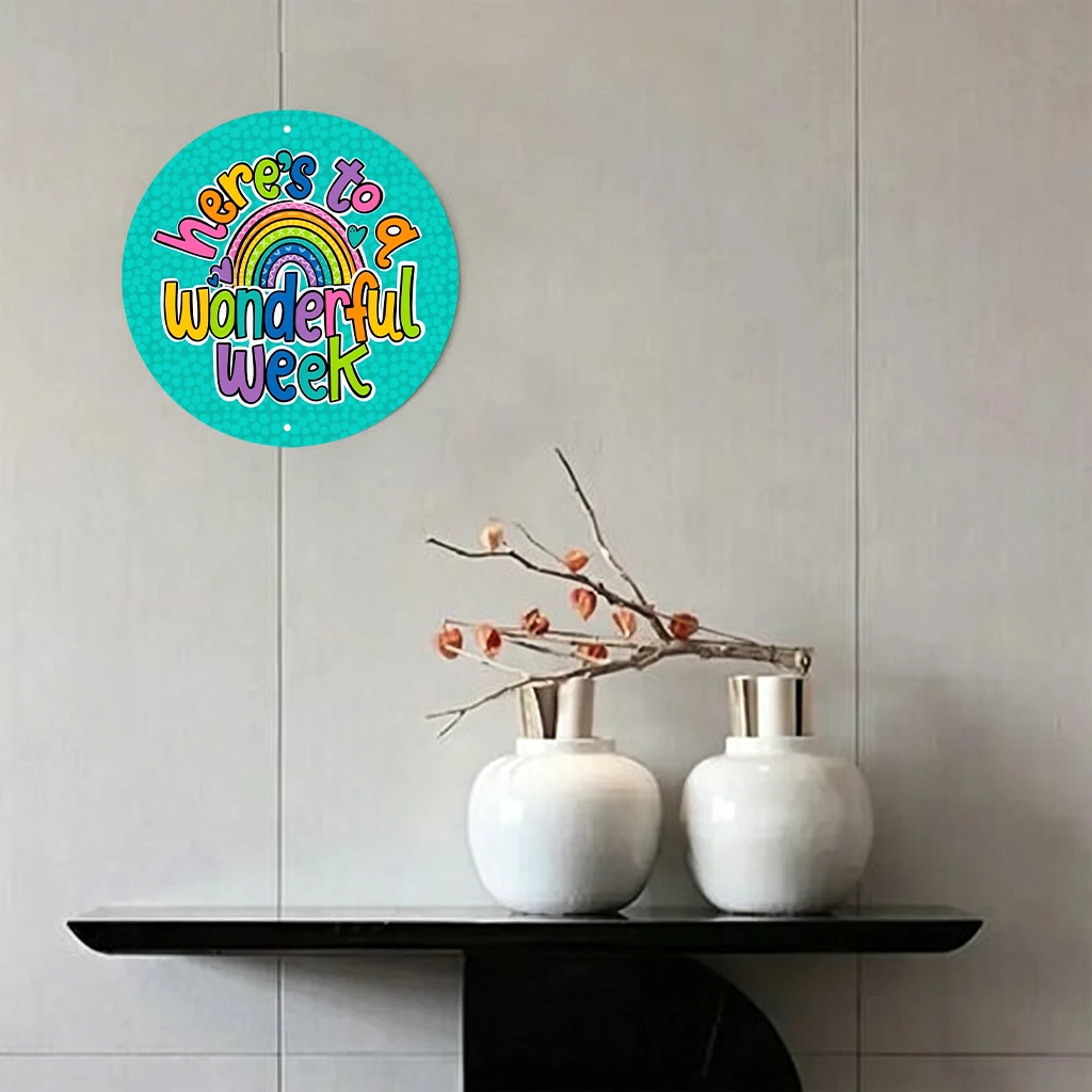 JIT 1-pc Light cyan rainbow YOU ARE WONDERFUL graffiti print round metal tin sign wall decor, hassle-free hanging structure, this stylish metal tin sign fits reading nook and bedroom for multi-scene wall decor, excellent daily home - view 4