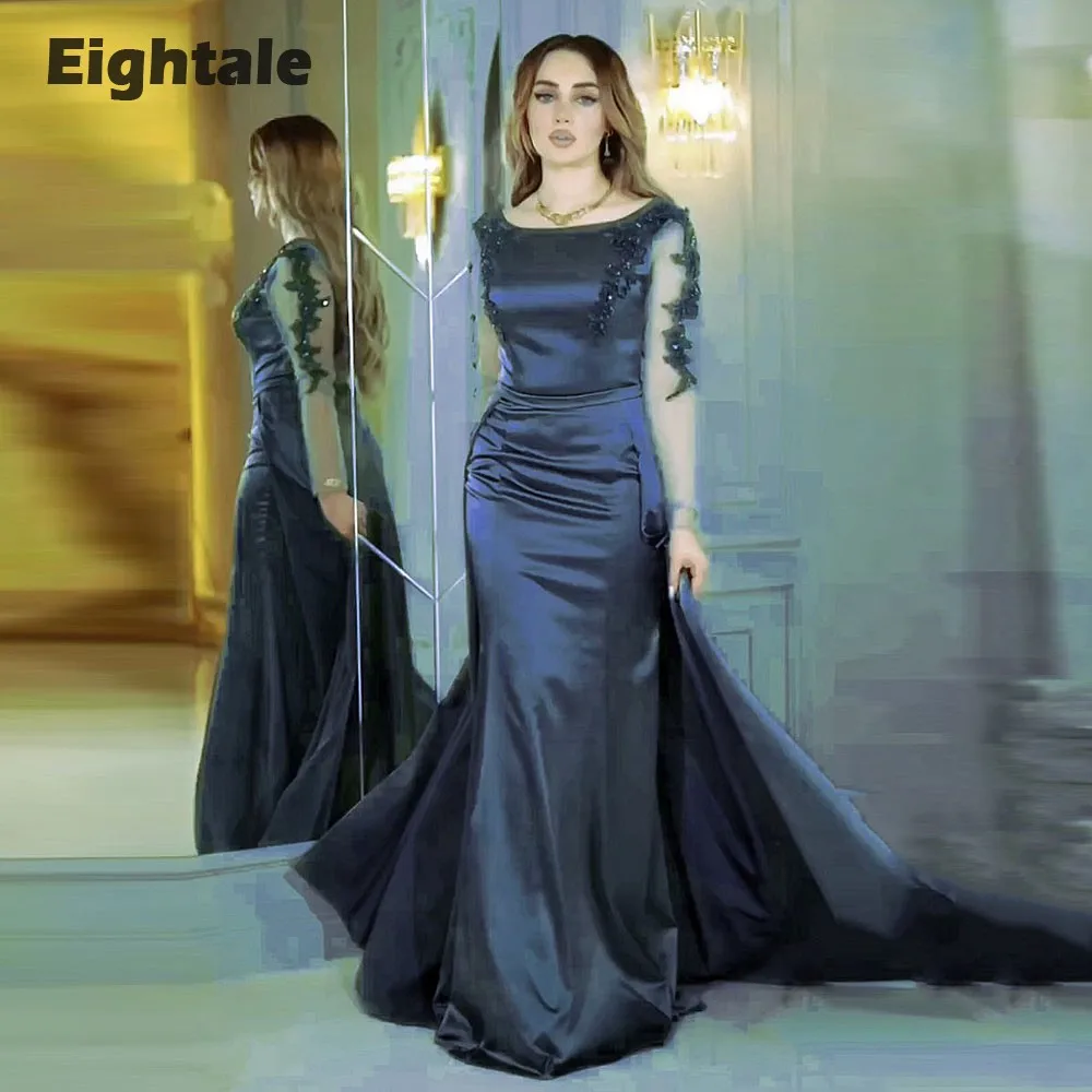 

Eightale Navy Blue Evening Dress O-Neck Appliques Beaded Satin Formal Floor Length Arabic Prom Party Gowns robe de soirée femme