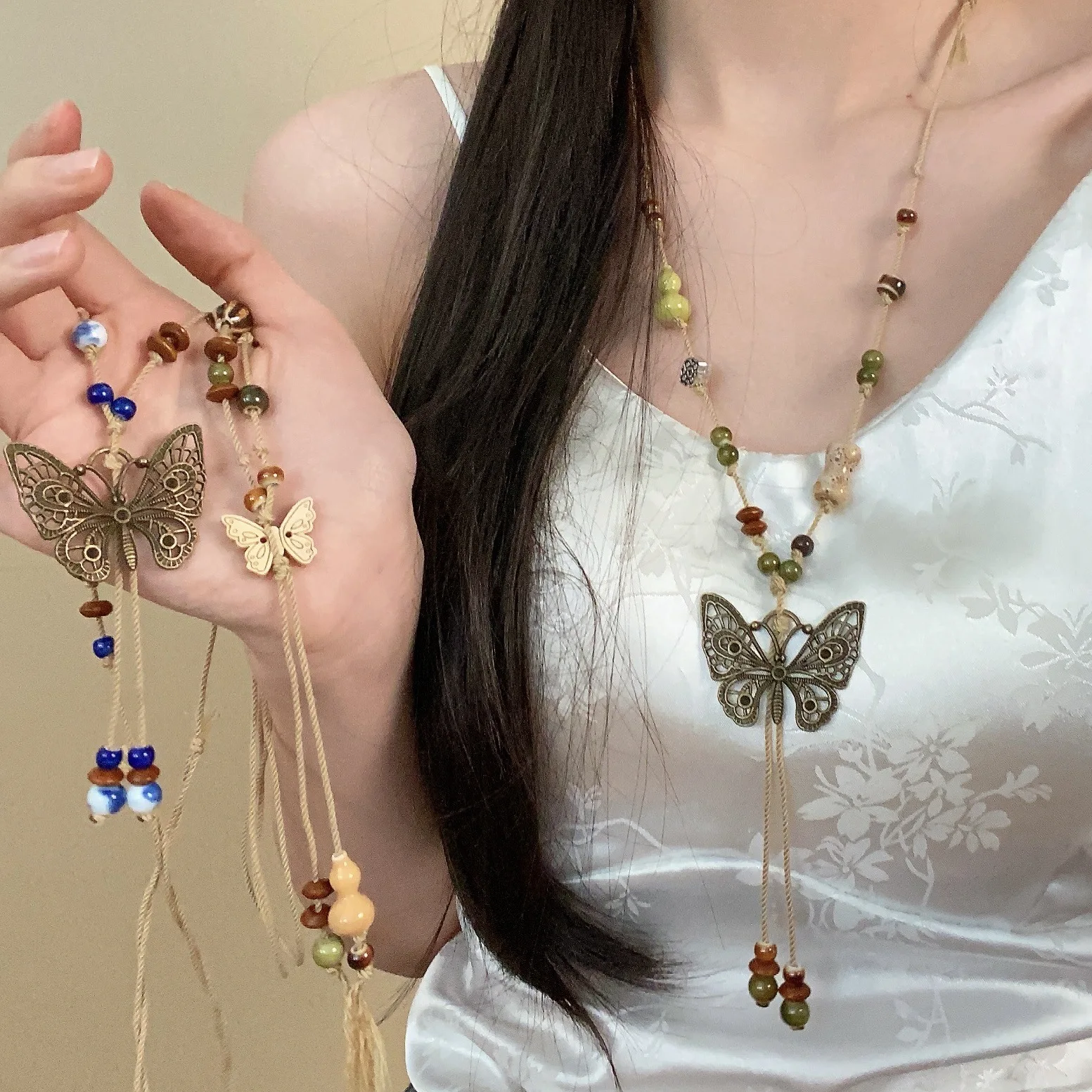 Ethnic Chic Fashion - Handmade Vintage Butterfly Ceramic Necklace for