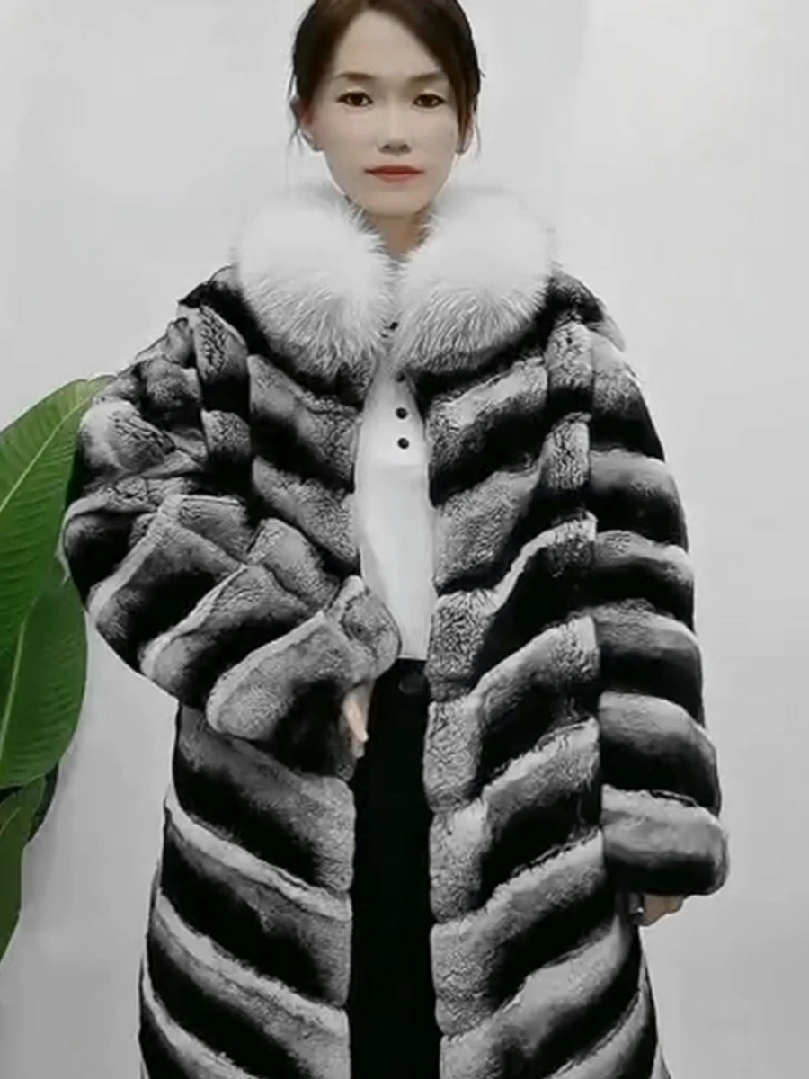 

chinchilla long Real Rex rabbit hair Fur women's coat Fox collar Natural fur 2023 winter warmth