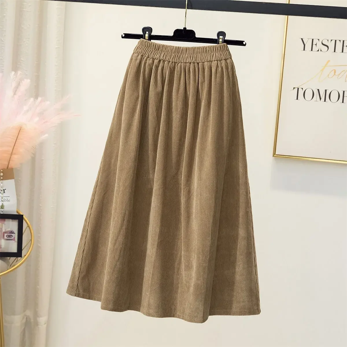 Elegant Women corduroy Skirts For Female Pockets Office Ladies Casual Loose A-Line High Waist Midi Skirt 2023 Autumn Winter