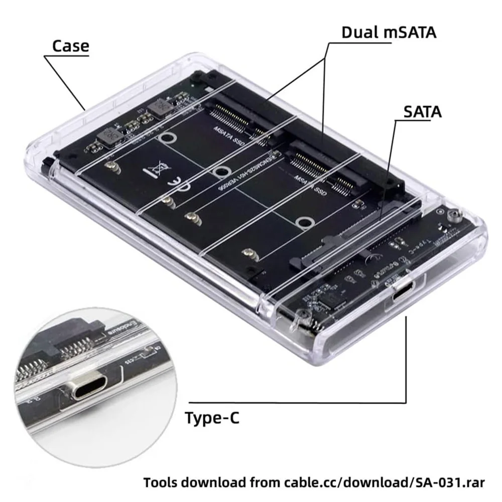 Dual MSATA Mini-SATA SSD Card JBOD Raid0 Span Bridge to USB3.0 Type-C USB-C 2.5inch SATA Combo Enclosure