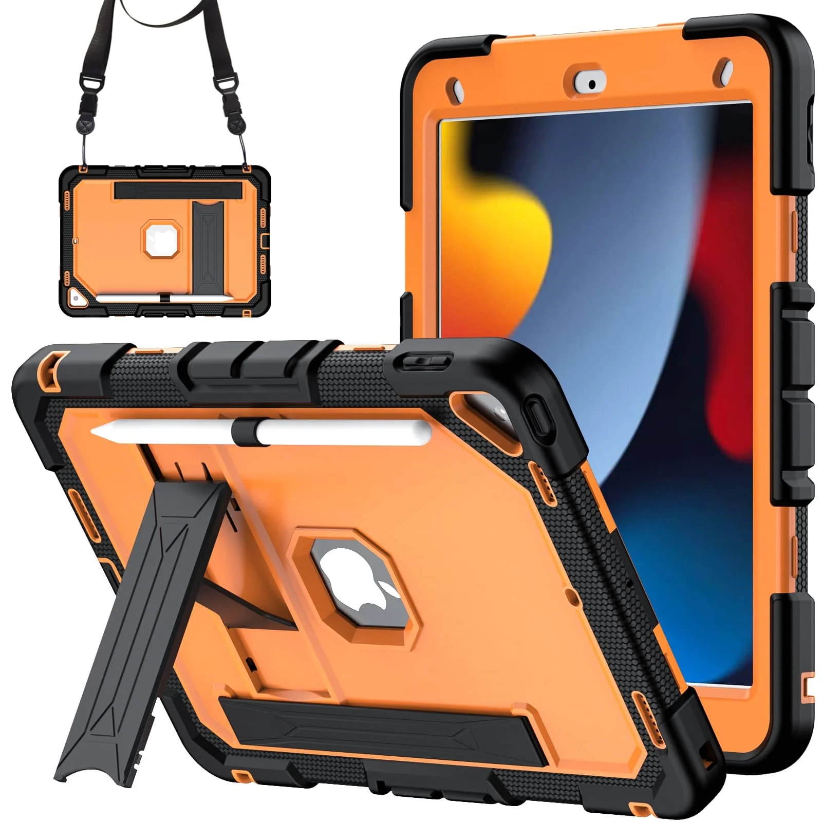 Rugged Shockproof Case for iPad 7th 8th 9th Gen 10.2 Inch, Heavy Duty Cover with Shoulder Strap, Kickstand & Pencil Holder