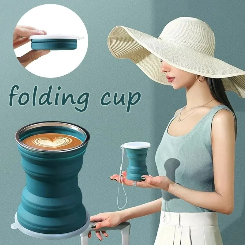 Portable Silicone Foldable Cup with Lanyard, Heat Resistant Collapsible Cups Lid Folding Storage Travel Mug for Hot Water Coffee