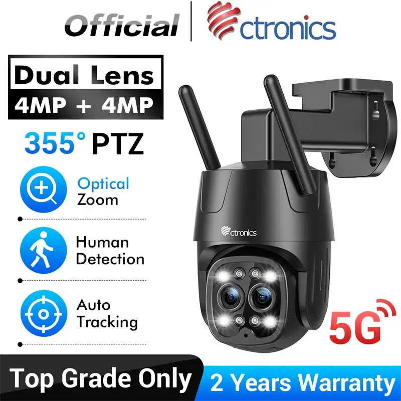 Ctronics 5G WiFi 4G Sim IP Camera Dual Lens Optical Zoom Outdoor 360 PTZ Security Camera Auto Tracking CCTV Color Night Vision