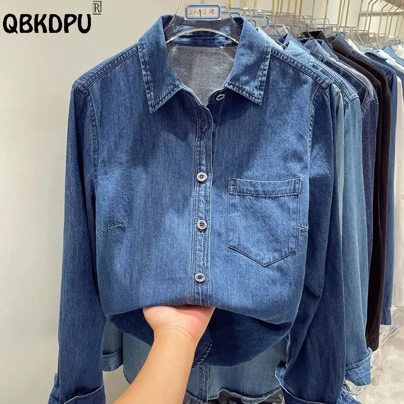 Temel POLO yaka Denim bluzlar 2023 bahar kadın Jean gömlek cep tasarım uzun kollu mavi Blusas Mujer rahat kovboy Tops