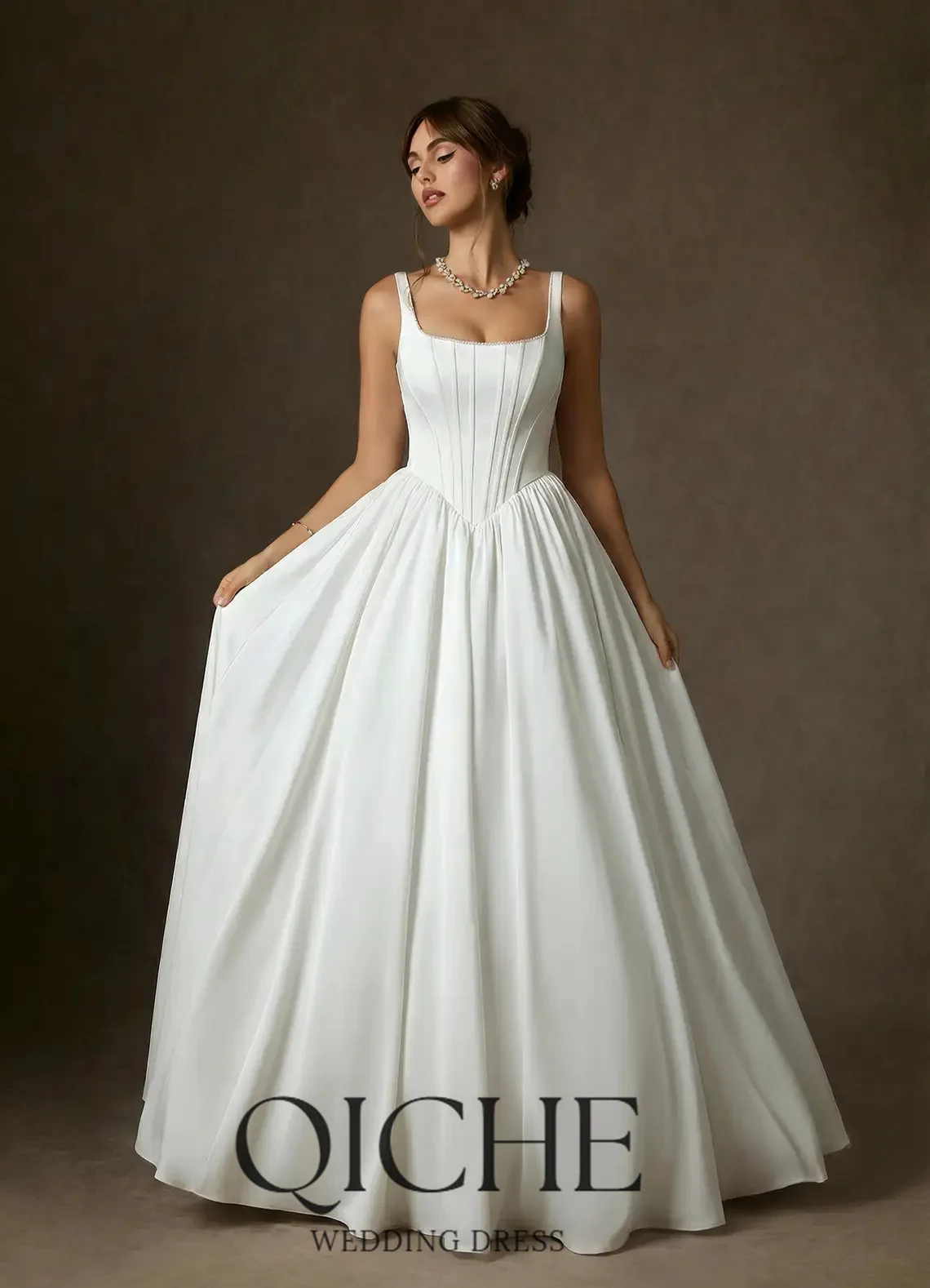 QICHE Elegant Square Backless Bow Straps Sleeveless A-line Weeding Long Dress  Bridal Party Gown Vestido De Noiva Customized