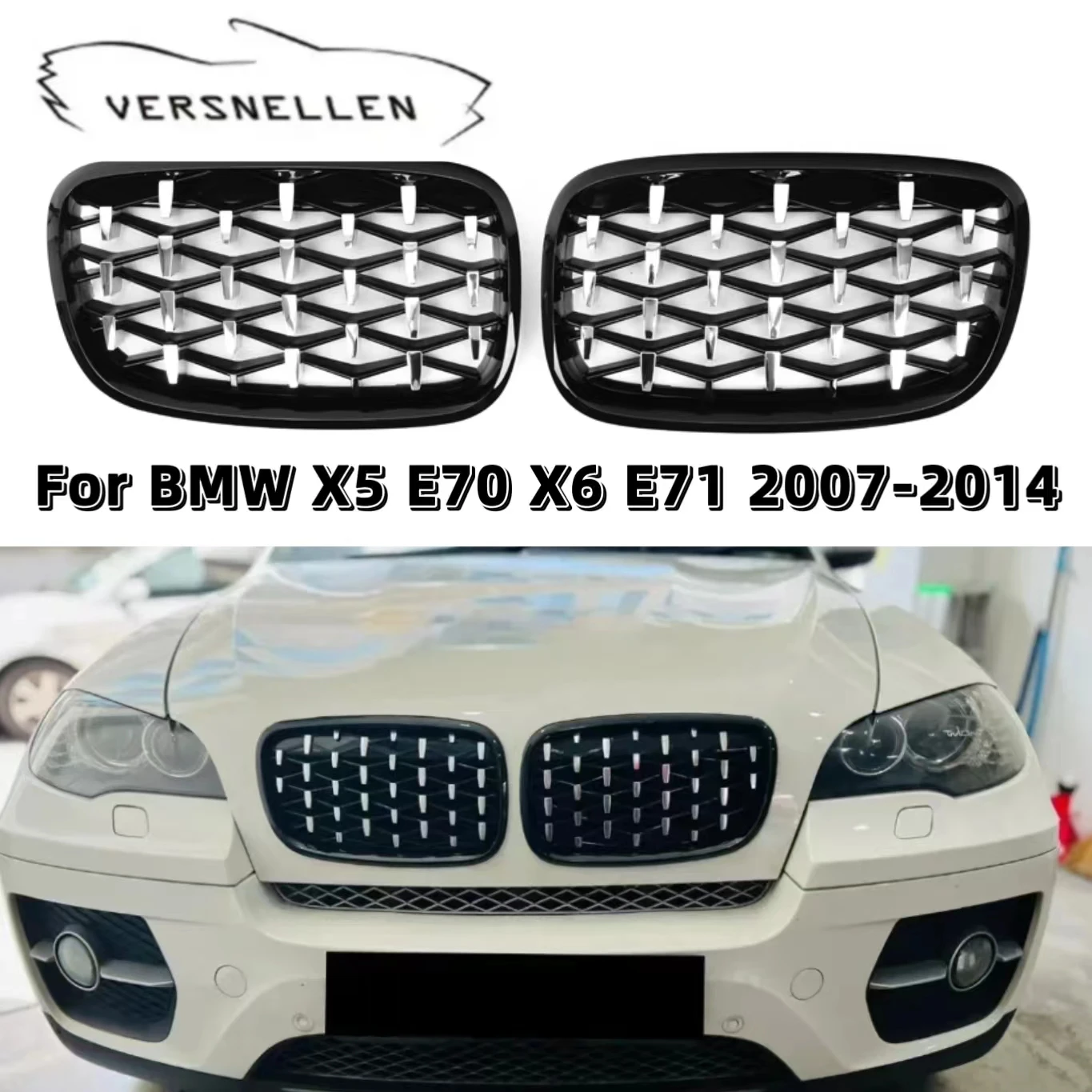 

Алмазный метеоритный гриль для BMW X5 E70 X6 E71 2008-2014, глянцевый черный и хромированный сетчатый сменный гриль