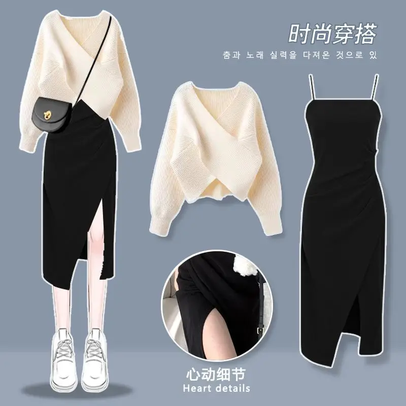 Elegant Women\'s Knitted Tops Dresses Set Korean Fashion Cardigan Sweater with High Waist Slim Dress Suits Ladies Office Outwear